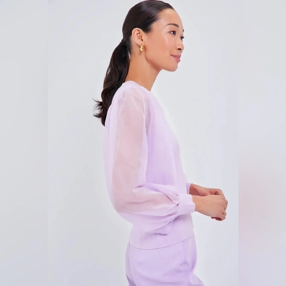 Tuckernuck Betsy Lilac Puff Sleeve Knit Blouse Sheer Sleeve Size S NWT